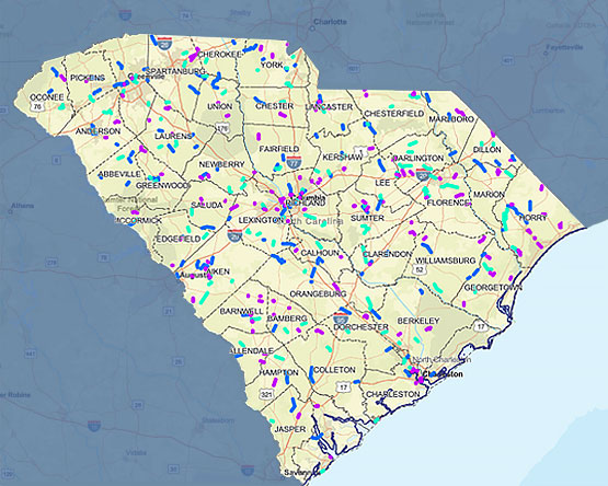 A South Carolina map with 2024-2025 pavement projects marked. Clicking the image will take you to an interactive mapping application with more details. The same information is available as a pdf list on this page.