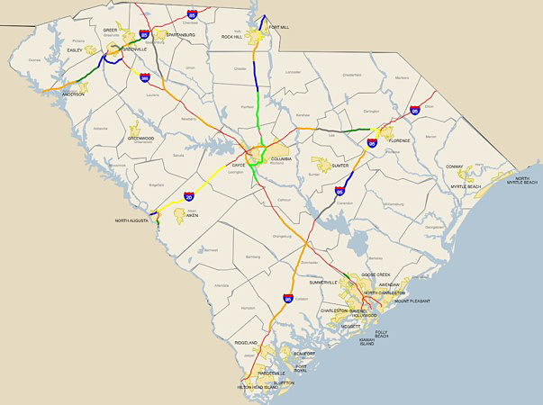 A South Carolina map with 2024-2025 pavement projects marked. Clicking the image will take you to an interactive mapping application with more details. The same information is available as a pdf list on this page.