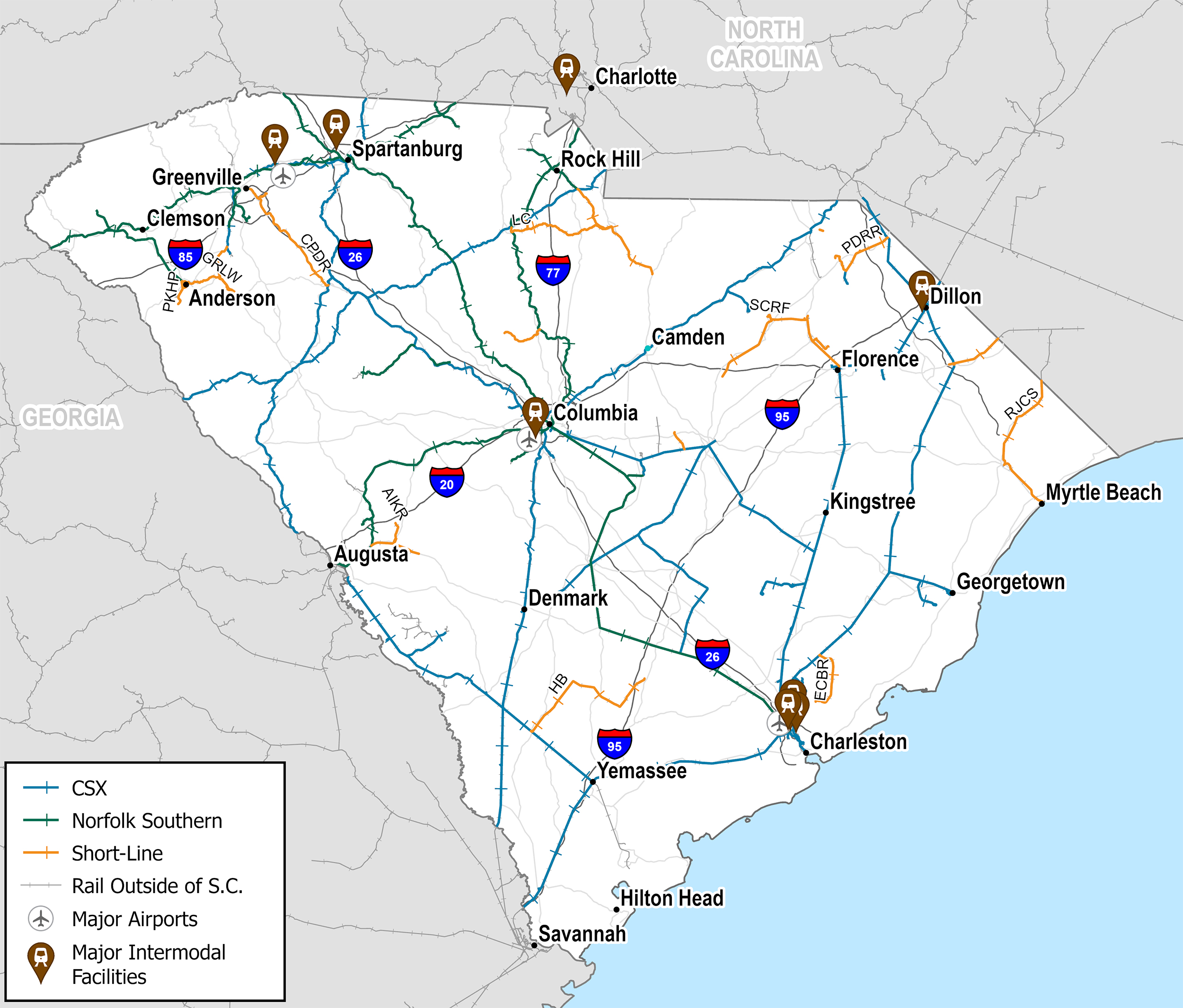 Existing South Carolina Rail System map