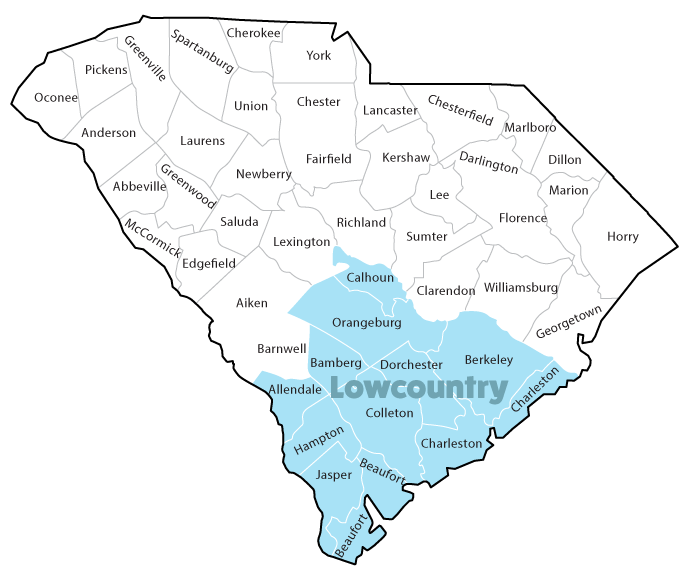 Map of SC highlighting Lowcountry region. Counties include: Calhoun, Orangeburg, Dorchester, Berkeley, Charleston, Colleton, Beaufort, Jasper, Hampton, Allendale, Bamberg