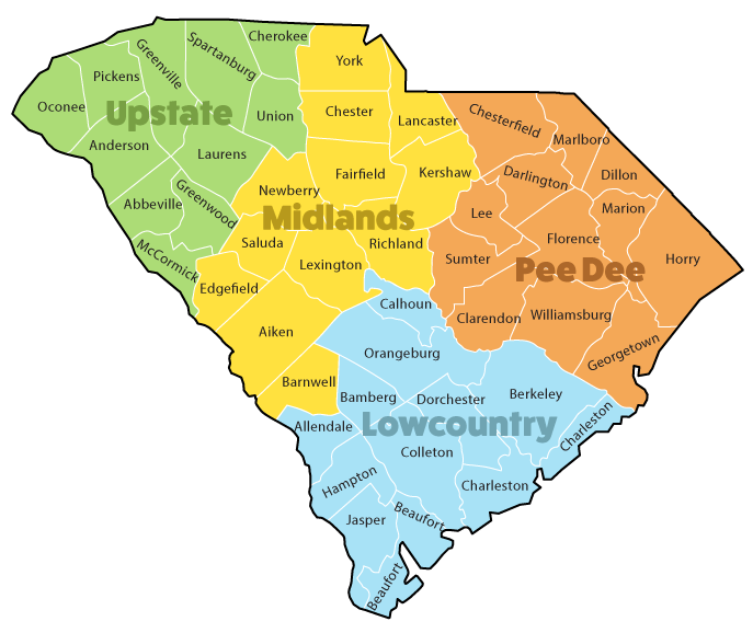 SC Map divided by regions- upstate, midlands, pee dee, lowcountry. All counties are labeled also